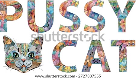 Word PUSSYCAT. Vector zentangle object for decoration