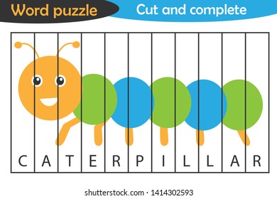 Word puzzle, caterpillar in cartoon style, education game for development of preschool children, use scissors, cut parts of the image and complete the picture, vector illustration