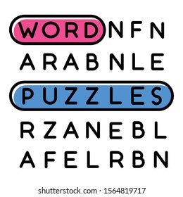 Word Puzzle Color Icon. Mental Exercise. Hidden Word Search Game Grid. Language, Vocabulary Test. Brain Teaser. Problem Solving. Solution Finding. Isolated Vector Illustration