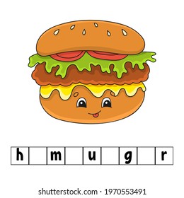 Word puzzle. Education worksheet. Learning game for kids. Color activity page. Riddle for children. English for preschool. Vector illustration. Cartoon style