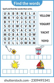Word puzzle game Word search worksheet Education game for children Learning English alphabet