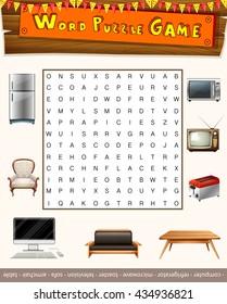 Word puzzle game with things in the house illustration