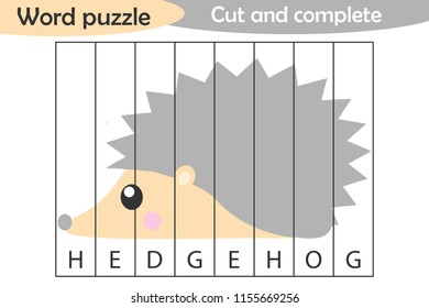 Word puzzle, hedgehog in cartoon style, education game for development of preschool children, use scissors, cut parts of the image and complete the picture, vector illustration