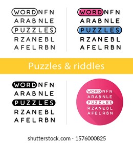 Word Puzzle Icon. Mental Exercise. Hidden Word Search Game Grid. Language, Vocabulary Test. Brain Teaser. Problem Solving. Flat Design, Linear And Color Styles. Isolated Vector Illustrations