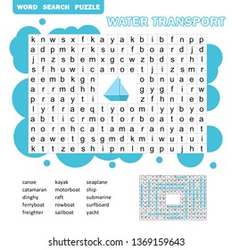 Word Puzzle Template With Water Transportation Illustration - Word Search Game For Kids With Answer