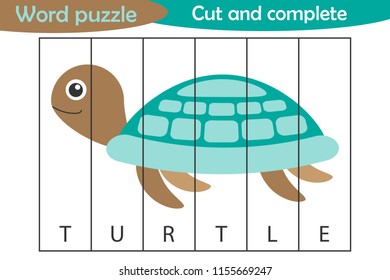 Word puzzle, turtle in cartoon style, education game for development of preschool children, use scissors, cut parts of the image and complete the picture, vector illustration