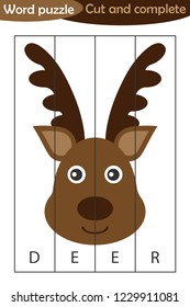 Word puzzle, xmas deer in cartoon style, christmas education game for development of preschool children, use scissors, cut parts of the image and complete the picture, vector