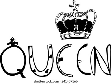 Word queen with crown hand drawing by ink pen