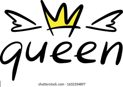 word Queen in modern lettering style, handwritten, with yellow Princess crown and angel wings, vector calligraphy, design, print, logo for poster, clothing, for children on white background, Baby girl