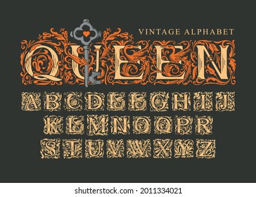 The word Queen with old key on black background. Vintage Alphabet, vector set of hand-drawn ornate initial alphabet letters. Luxury design of Beautiful royal font for card, invitation, monogram, logo