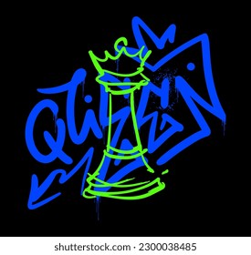 The word Queen on a black background. Blue and green. Chess pieces. Street graffiti. Urban style. Print for T-shirt, sweatshirt, poster. Phosphoric effect. Vector illustration.