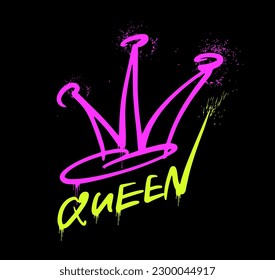 The word Queen on a black background. Pink and yellow. The crown is a symbol of the feminism, women's rights. Street graffiti. Urban style. Print for T-shirt, sweatshirt, poster. Vector illustration.