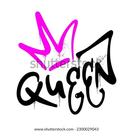The word Queen on a white background. Black and pink.The crown is a symbol of the feminism, women's rights. Street graffiti. Urban style. Print for T-shirt, sweatshirt, poster. Vector illustration. 