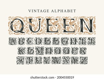 The word Queen. Vintage Alphabet, vector set of hand-drawn ornate initial alphabet letters on a light background. Luxury design of Beautiful royal font for card, invitation, monogram, label, logo