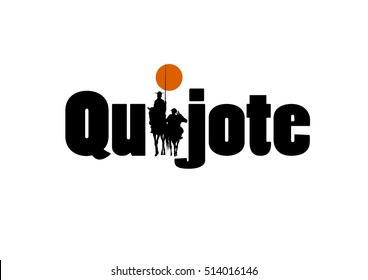 The word Quijote with the draw of Don Quixote de la Mancha silhouette, of Cervantes spanish novelist, with windmills and sunset