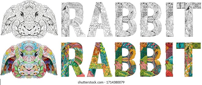 Word rabbit. Vector zentangle object for decoration. Color and outline set