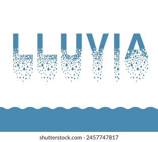 La palabra "Lluvia" en español se disuelve en gotitas. Gotas de líquido caen como precipitación. Efecto de destrucción. Dispersión.