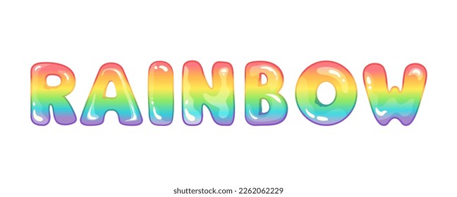 Word Regenbogen aus Blase rund süße Buchstaben. Banner mit buntem Text im Cartoon-Stil. Vektorgrafik einzeln auf weißem Hintergrund 