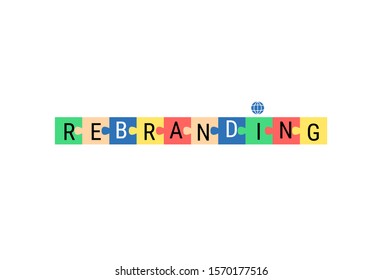 The Word Rebranding And Multi-colored Cubes Puzzles, Planet Icon. Flat Vector Illustration Isolated On White Background.