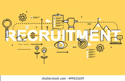Word RECRUITMENT, line flat vector business design for job candidate evaluation, interviewing, assessment, recruiting. Resources and corporate management, hiring, employment, freelance, career concept