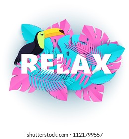 Word RELAX composition with creative pink and blue jungle leaves toucan in trandy paper cut style. Tropical craft design for your poster, banner, flyer. Vector card illustration.