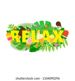 Word RELAX composition with flowers jungle leaves and ice cream on white background in trandy paper cut style. Tropical craft design for your poster, banner, flyer. Vector card illustration