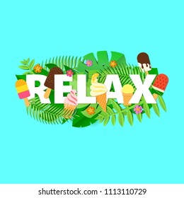 Word RELAX composition with flowers jungle leaves and ice cream on blue background in trandy paper cut style. Tropical craft design for your poster, banner, flyer. Vector card illustration.