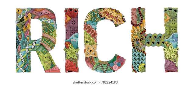 Word RICH. Vector decorative zentangle object