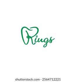 word "Rings" written in a cursive font, where the initial "R" is stylized to resemble a tooth.