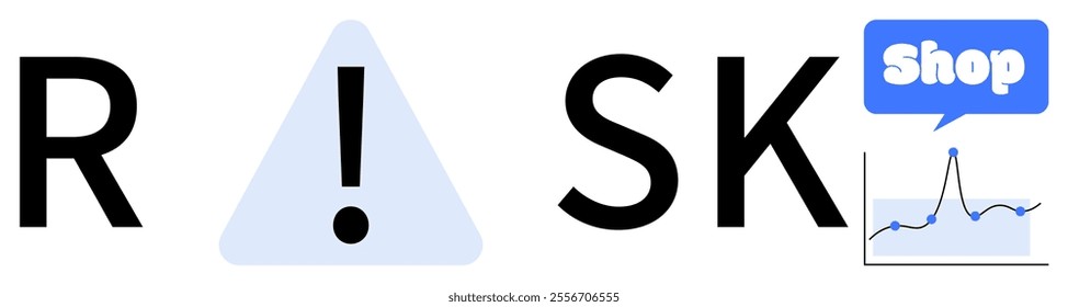 Word Risk styled with an exclamation mark in a triangle, alongside a speech bubble labeled Shop and a line graph. Ideal for business, investment, alerts, ecommerce, shops. Minimalist stylization