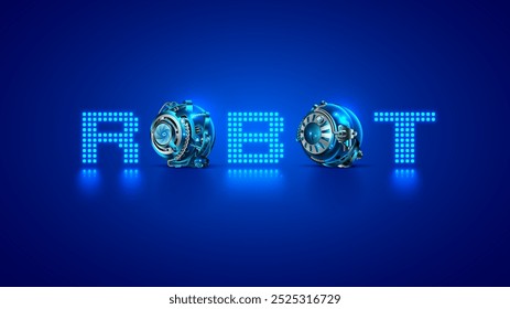 Word robot consists of glowing pixels, mechanical parts of mechanism on blue background. Letters O are in form of mechanical spheres consisting of robotic parts of cyborg or robot. Inscription robot.