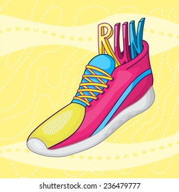 Word 'RUN' and Running Shoe Vector Illustration - Healthy Lifestyle 