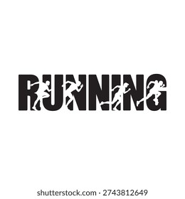 The word running visually depicted with silhouettes of active people