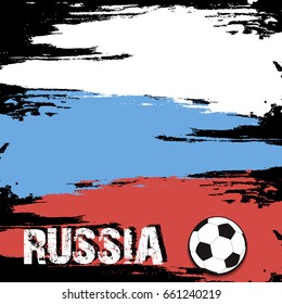 The word Russia and soccer ball on the background of the Russian flag in grunge style. Vector illustration