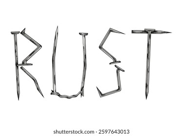 Word "Rust" is drawn. The word is depicted as rusty nails. A vector illustration in black, isolated on a white background.