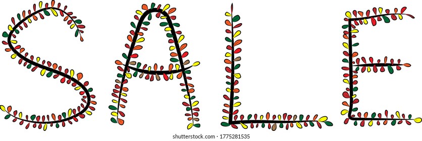 The word SALE from autumn foliage. Bright colored leaves on black branches. Yellow, brown, orange, green, and red colors. Autumn discounts and sales. The sales of goods