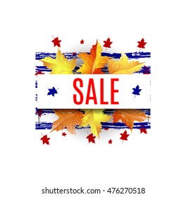 Word sale with a blue background and autumn maple leaves