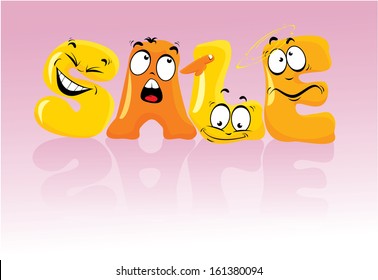 Word SALE in comic style, letters with Cartoon emotions faces