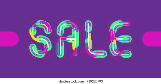 The word SALE is composed of colored lines on a purple background