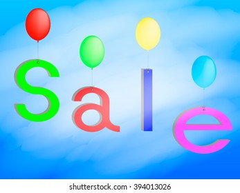 The word sale is flying in the sky on the balloons
