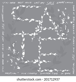 The word "sale" with letters in the form of branches on background with flying butterflies and flies. V