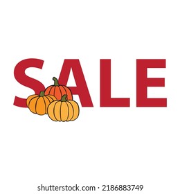 word sale with little pumpkin and leaves, vector artwork