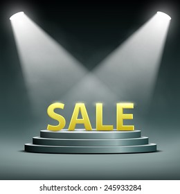 word sale located on the podium and floodlit