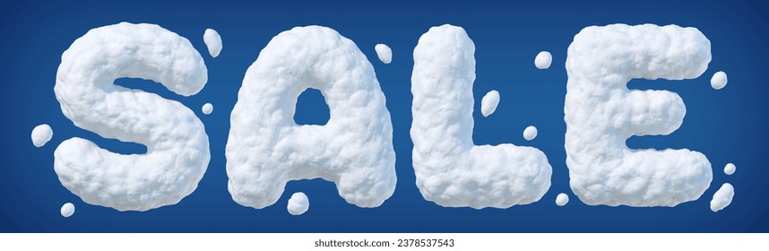 VENTA de palabras hecha de nieve aislada en fondo azul. Venta de Invierno 3d cartas para oferta especial, promoción de medios sociales, plantilla de cupón, afiche, banner. Ilustración del vector