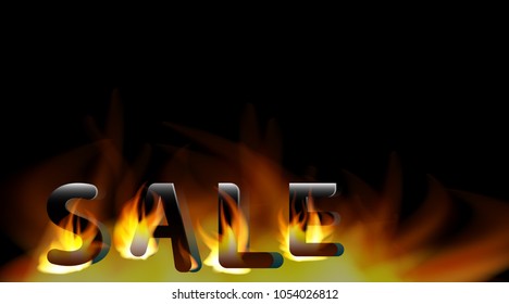 The word sale on fire. Sale design template on black background.