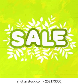 Word Sale on green vector background with white silhouettes of leaves