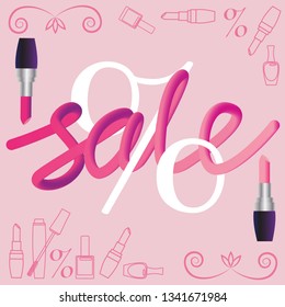 the word "sale" is pink lipstick and objects of decorative cosmetics. pink background. vector illustration. EPS 10.