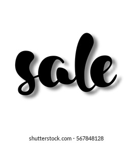 The word SALE with shadow. Discount tag in black and white. Hand written lettering. Calligraphy design element. Commercial background. Vector illustration.