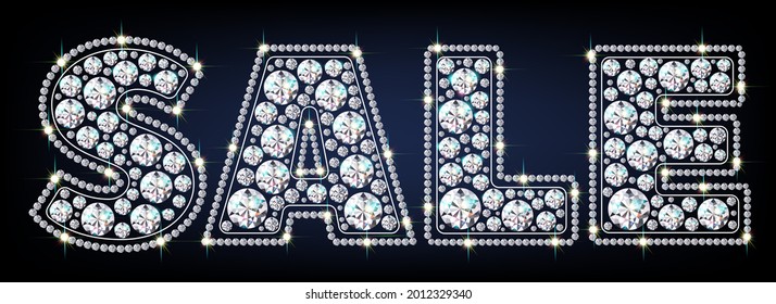 The word Sale of sparkling diamonds. Jewelry, advertising. Vector illustration in a realistic style.