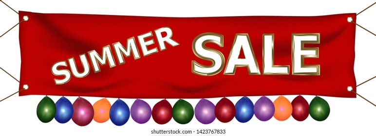 The word sale summer on red fabric, with holes on the sides. At the bottom of the multicolored balloons. White background. Vector illustration.